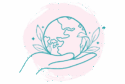 Logo henrike.hilft - petrol Erdkugel in Handflaeche mit rosanem-Hintergrund
